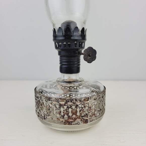 Vintage Mini Oil Lamp 8" Clear Glass Tarnished Metal Band 1950s 1960s - Picture 2 of 15
